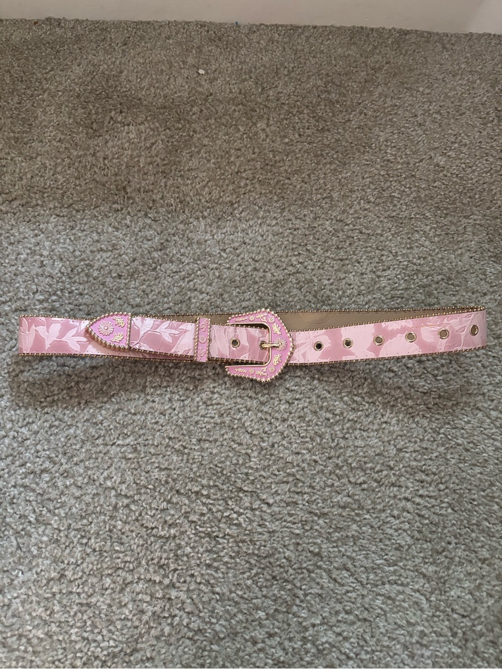Pink Floral Western-Style Belt with Decorative Buckle